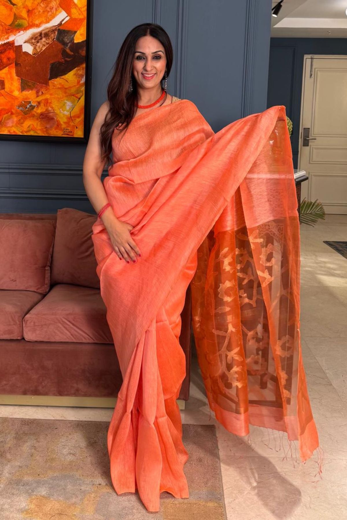 Handwoven Pure Silk linen saree with Jamdani weave
